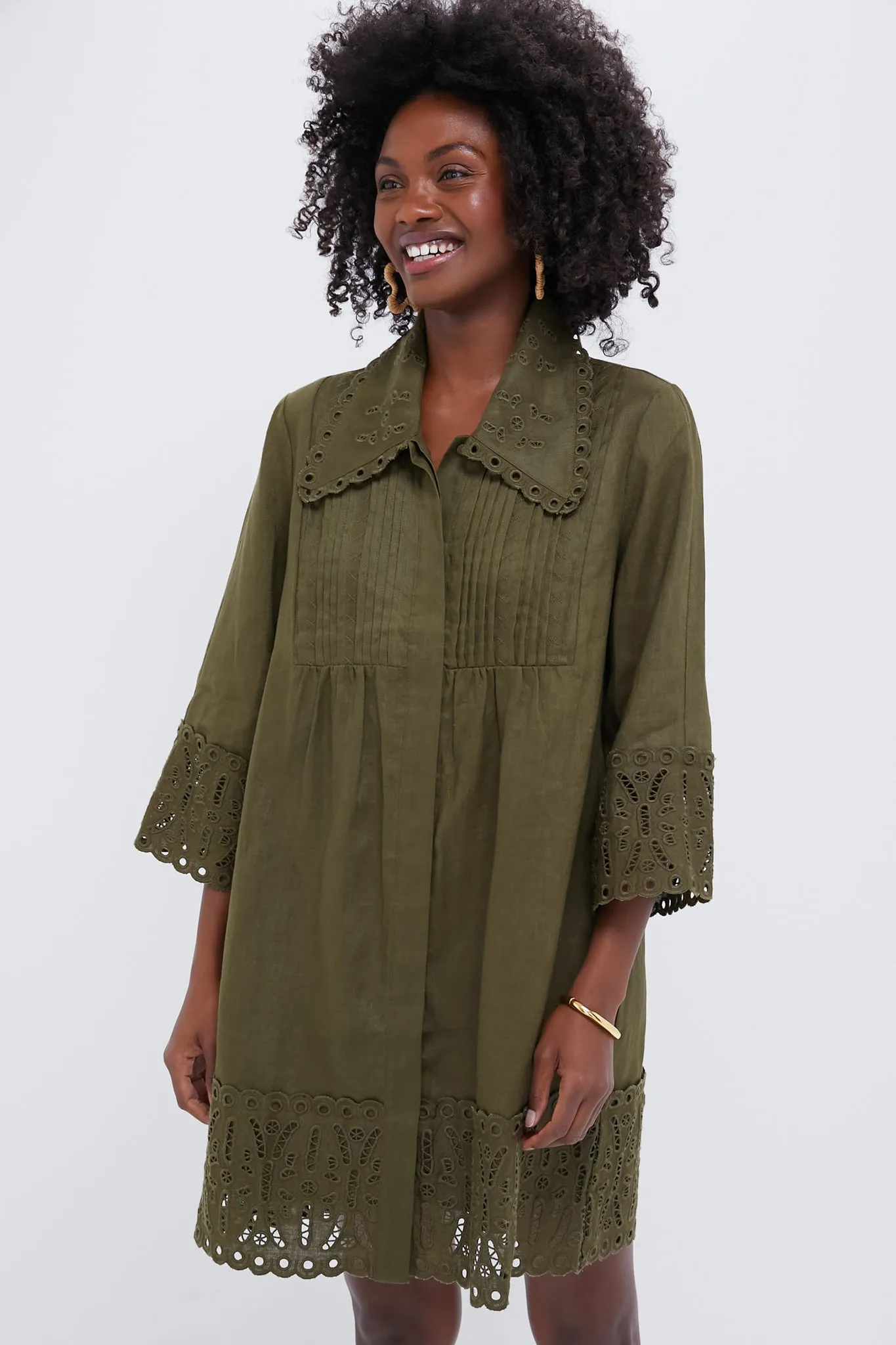 Army Green Linen Eyelet Delphine Dress