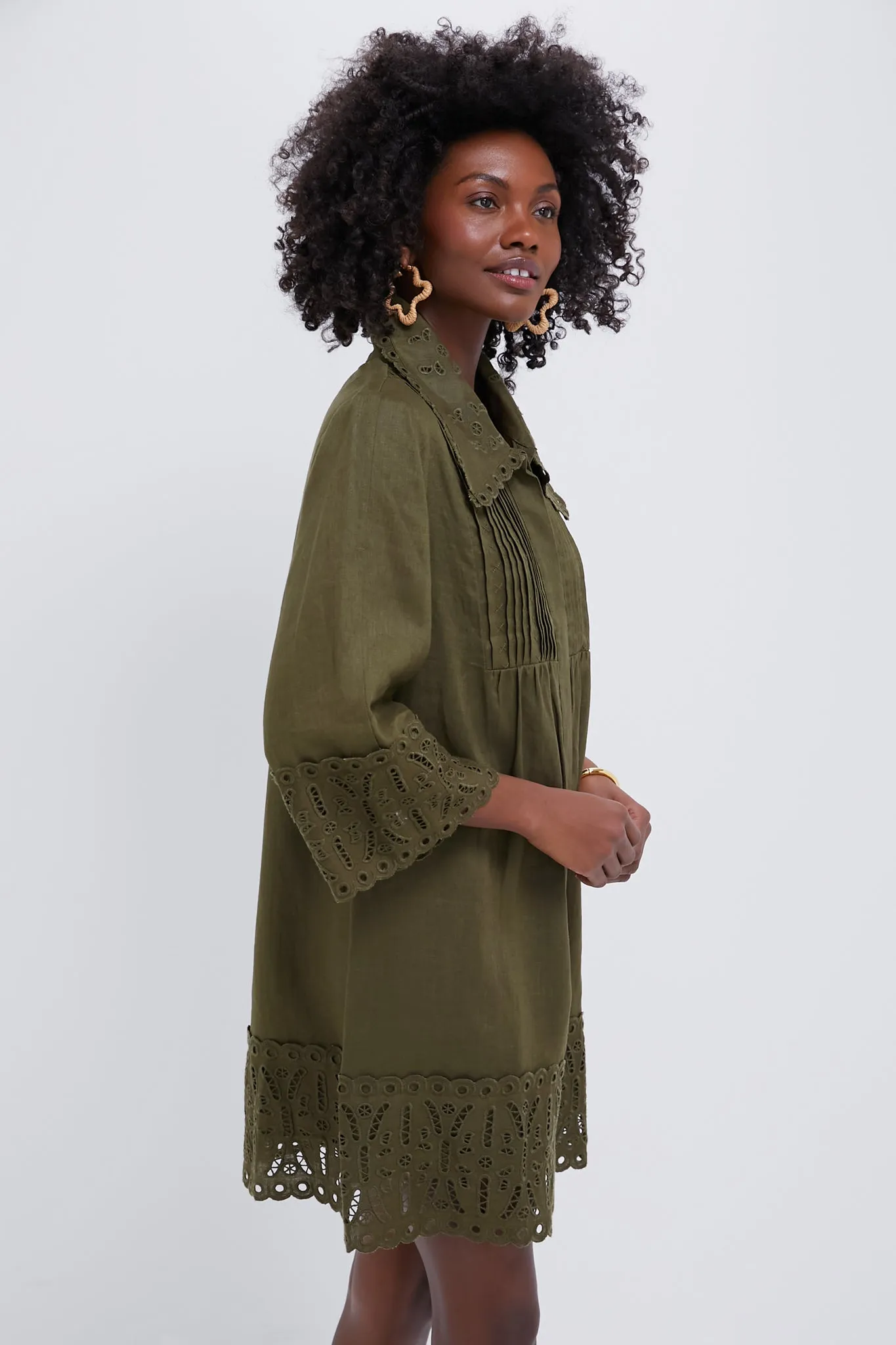 Army Green Linen Eyelet Delphine Dress