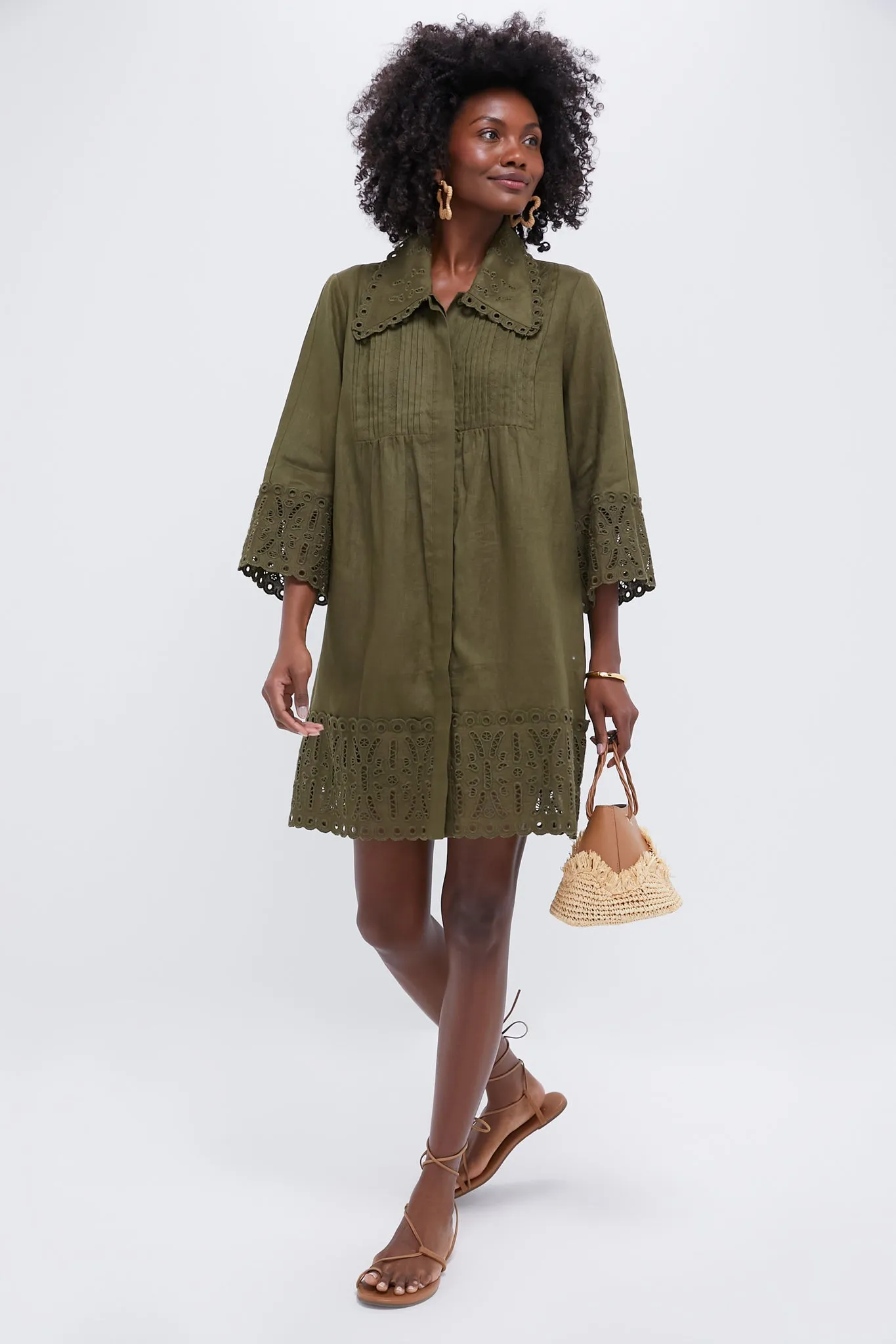 Army Green Linen Eyelet Delphine Dress