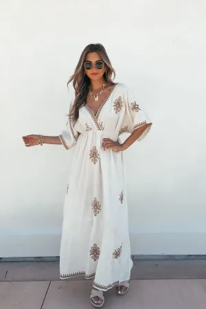 Beige Floral Embroidered Linen Maxi Dress