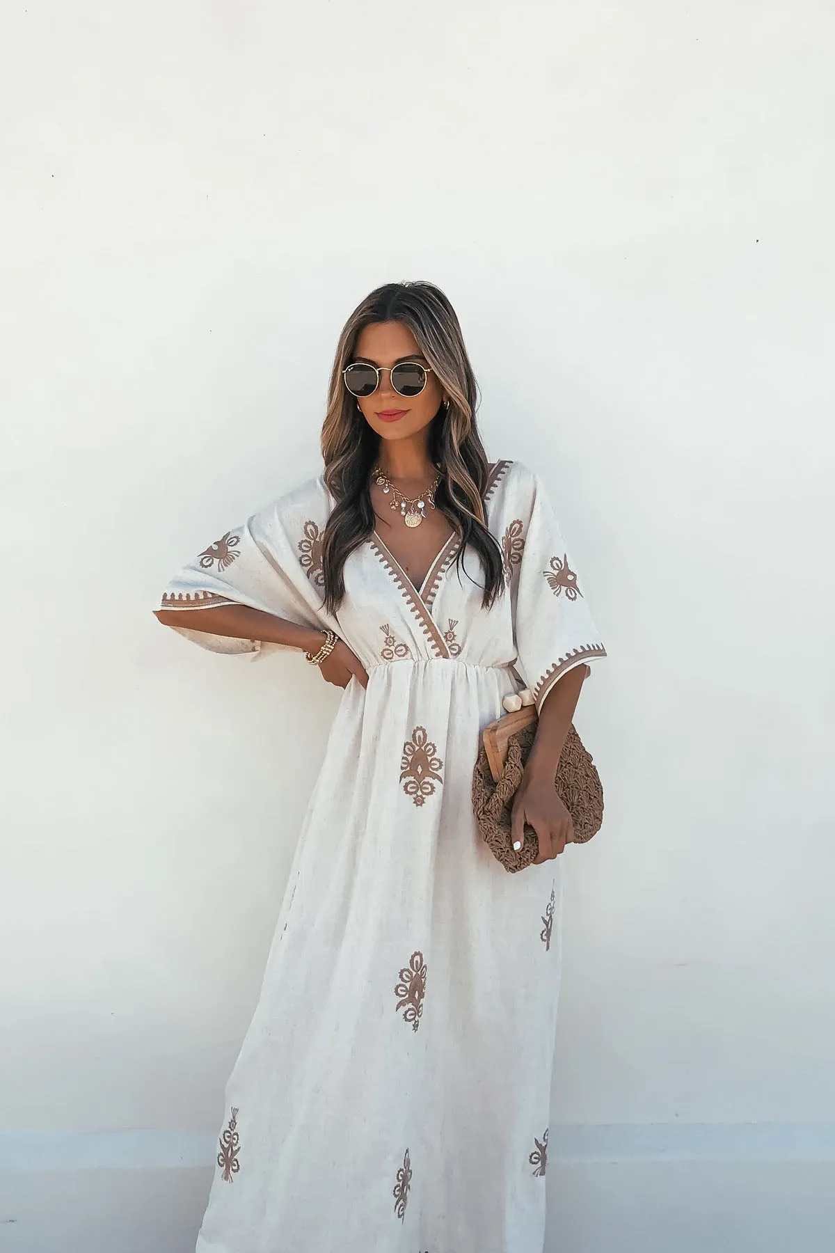 Beige Floral Embroidered Linen Maxi Dress