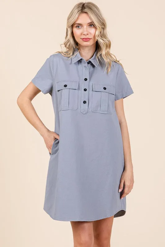 Button Detail Collared Neck Short Sleeve Shirt Dress For Women – Classic, Elegant, Chic, Trendy, Versatile Shirt Dress