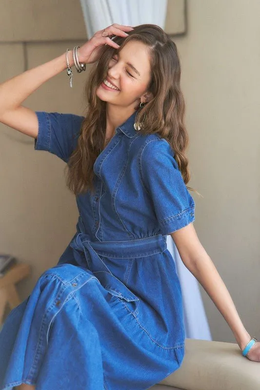 Chic and Casual – ADORA Tiered Button Down Tie Waist Denim Dress