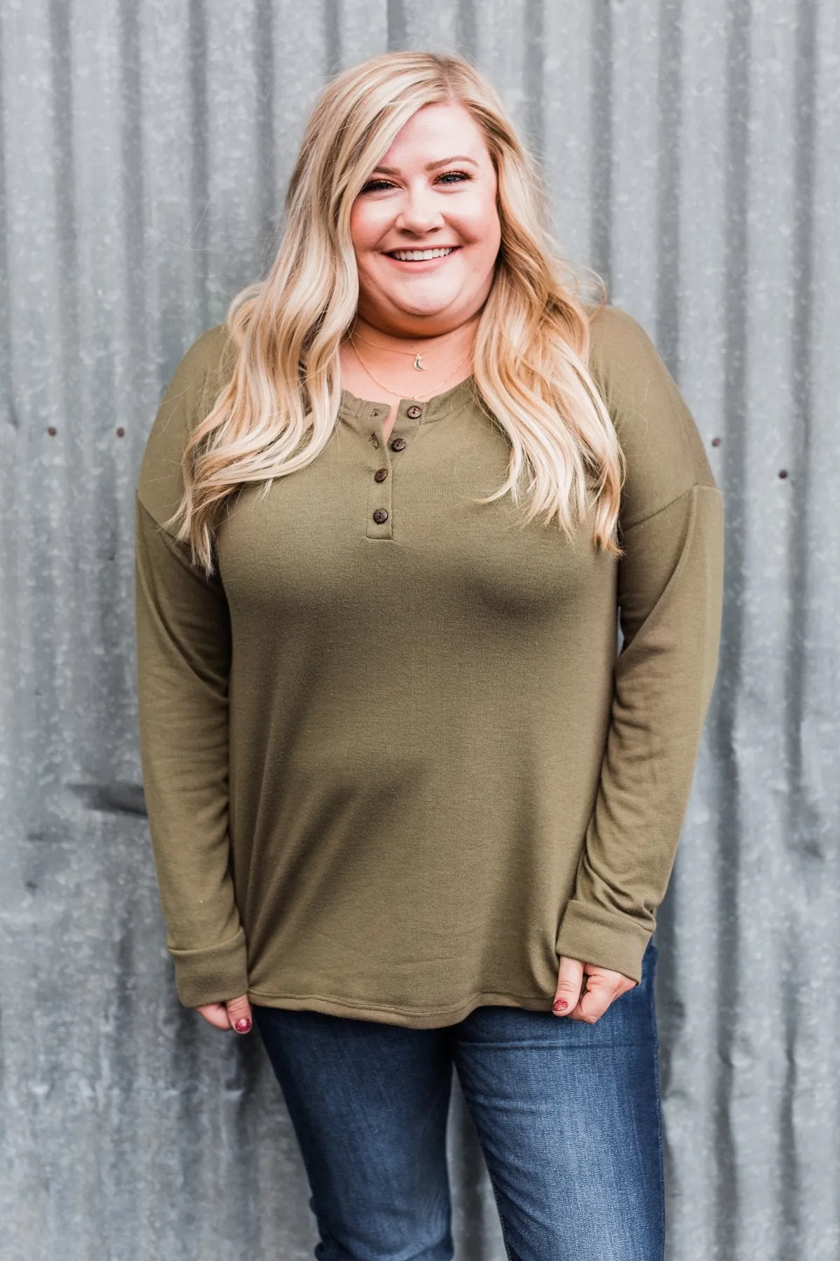 Cozy & Warm 4 Button Henley Top- Olive