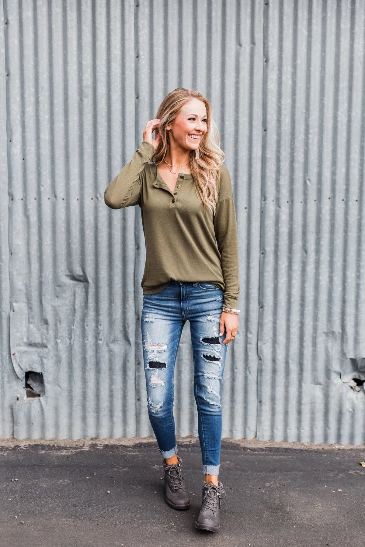 Cozy & Warm 4 Button Henley Top- Olive
