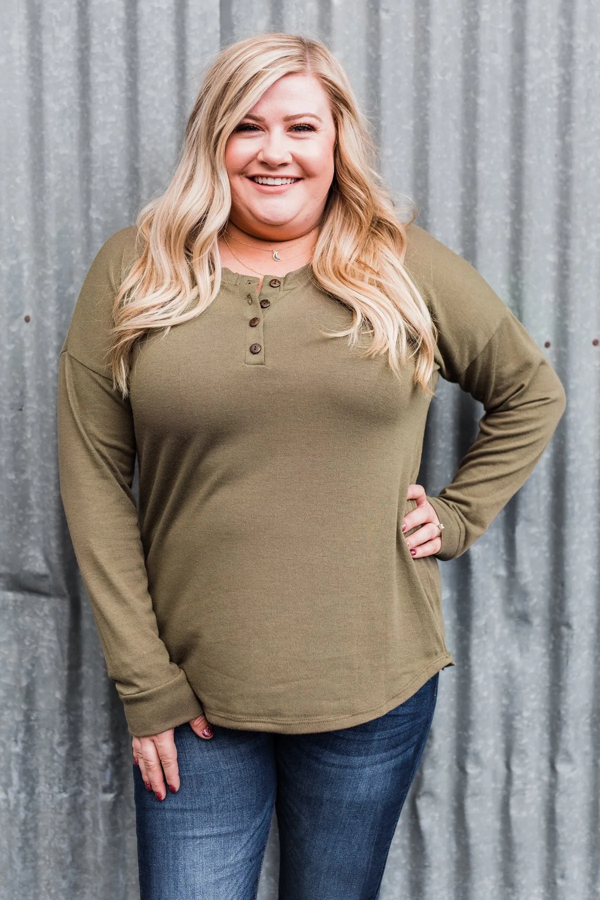 Cozy & Warm 4 Button Henley Top- Olive