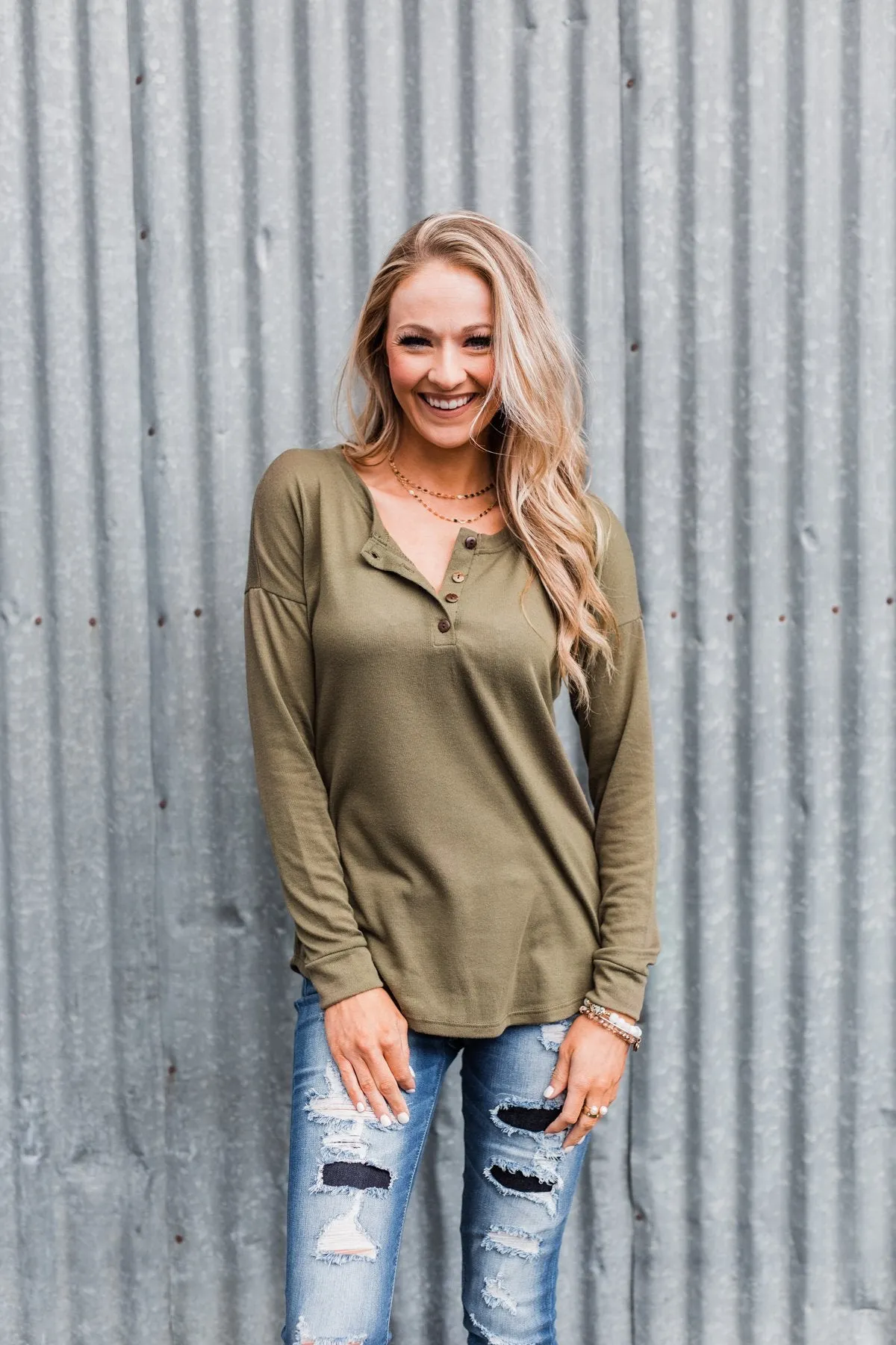 Cozy & Warm 4 Button Henley Top- Olive