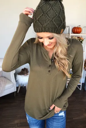 Cozy & Warm 4 Button Henley Top- Olive