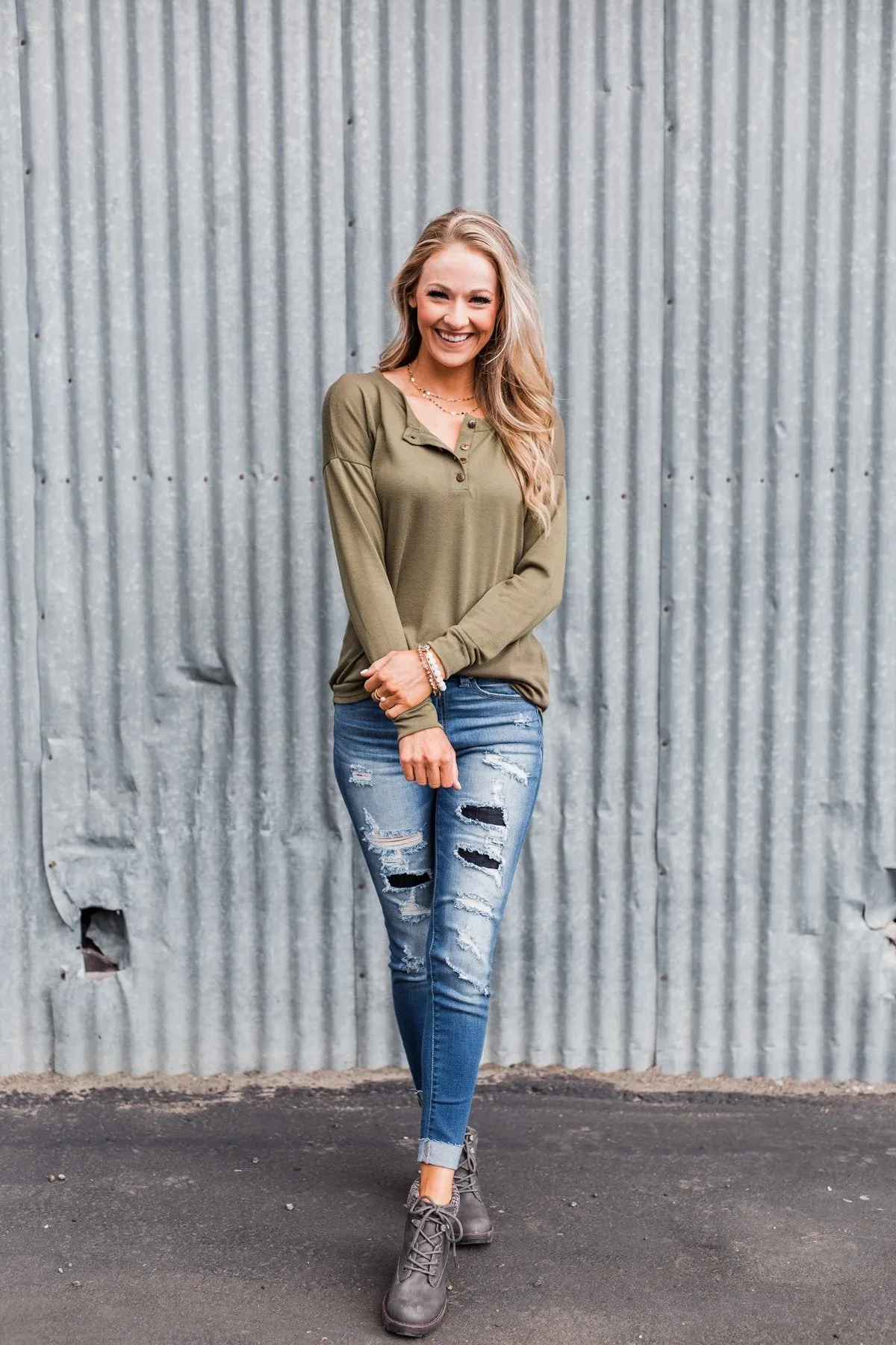 Cozy & Warm 4 Button Henley Top- Olive