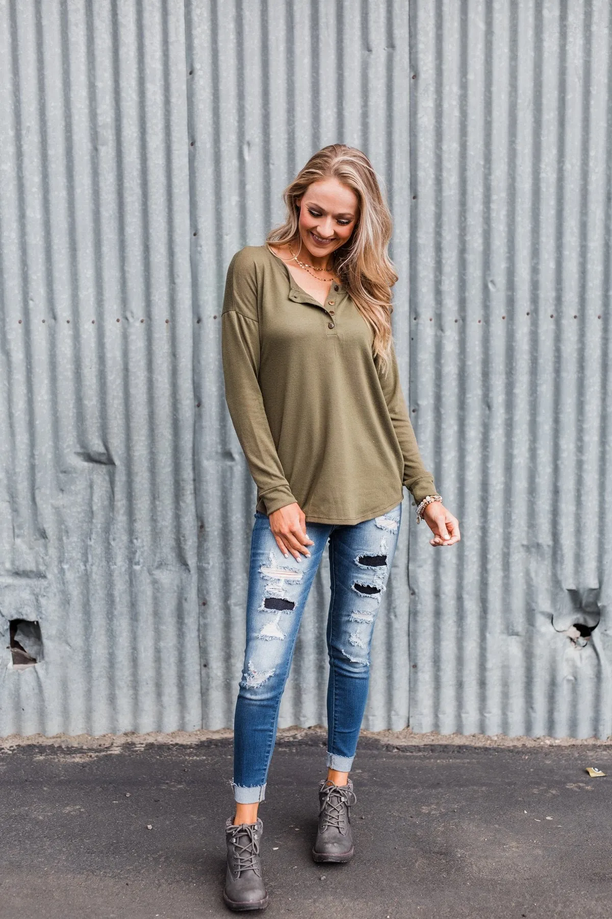 Cozy & Warm 4 Button Henley Top- Olive