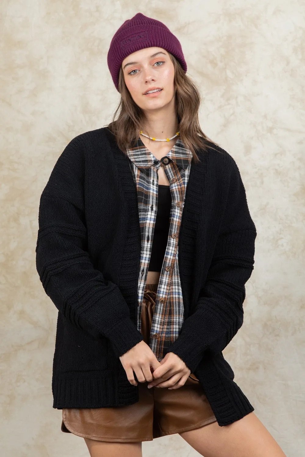 Exposed Seam Detail Chunky Sweater Cardigan