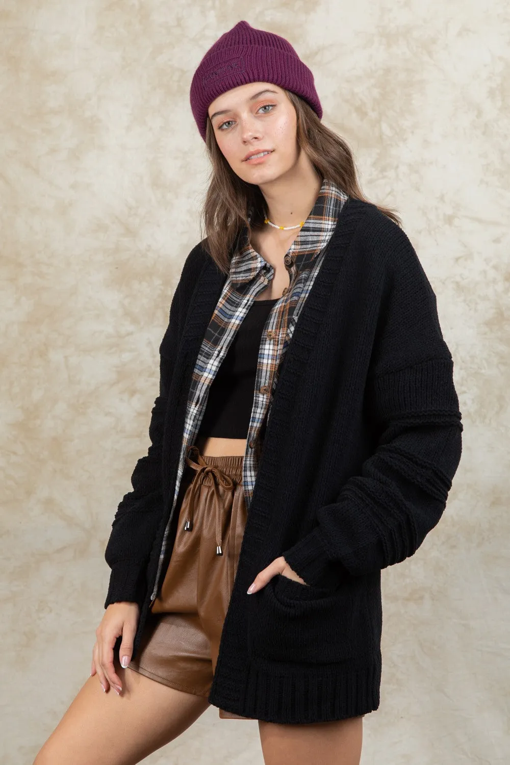 Exposed Seam Detail Chunky Sweater Cardigan