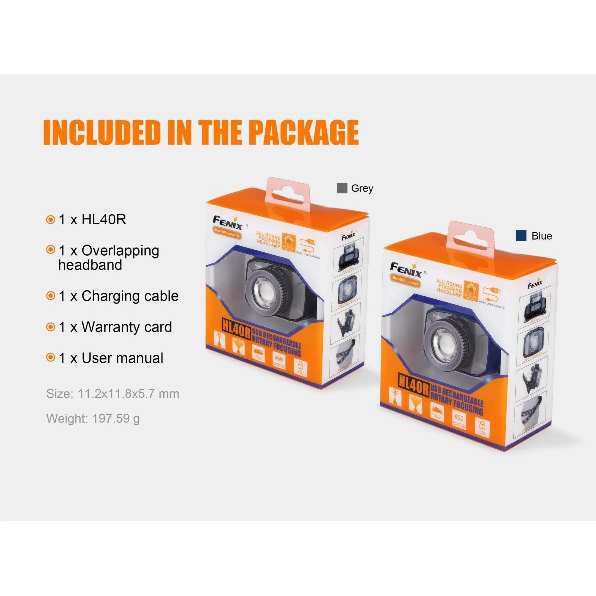 FENIX HL40R FOCUSABLE USB RECHARGEABLE HEADLAMP - GREY