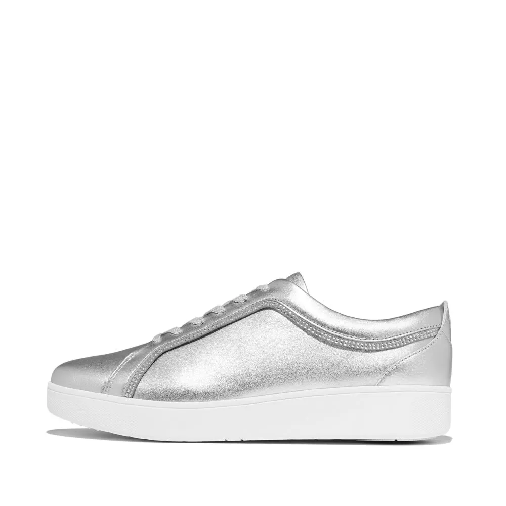 FitFlop Rally Crystal Trim Leather Sneakers - Silver
