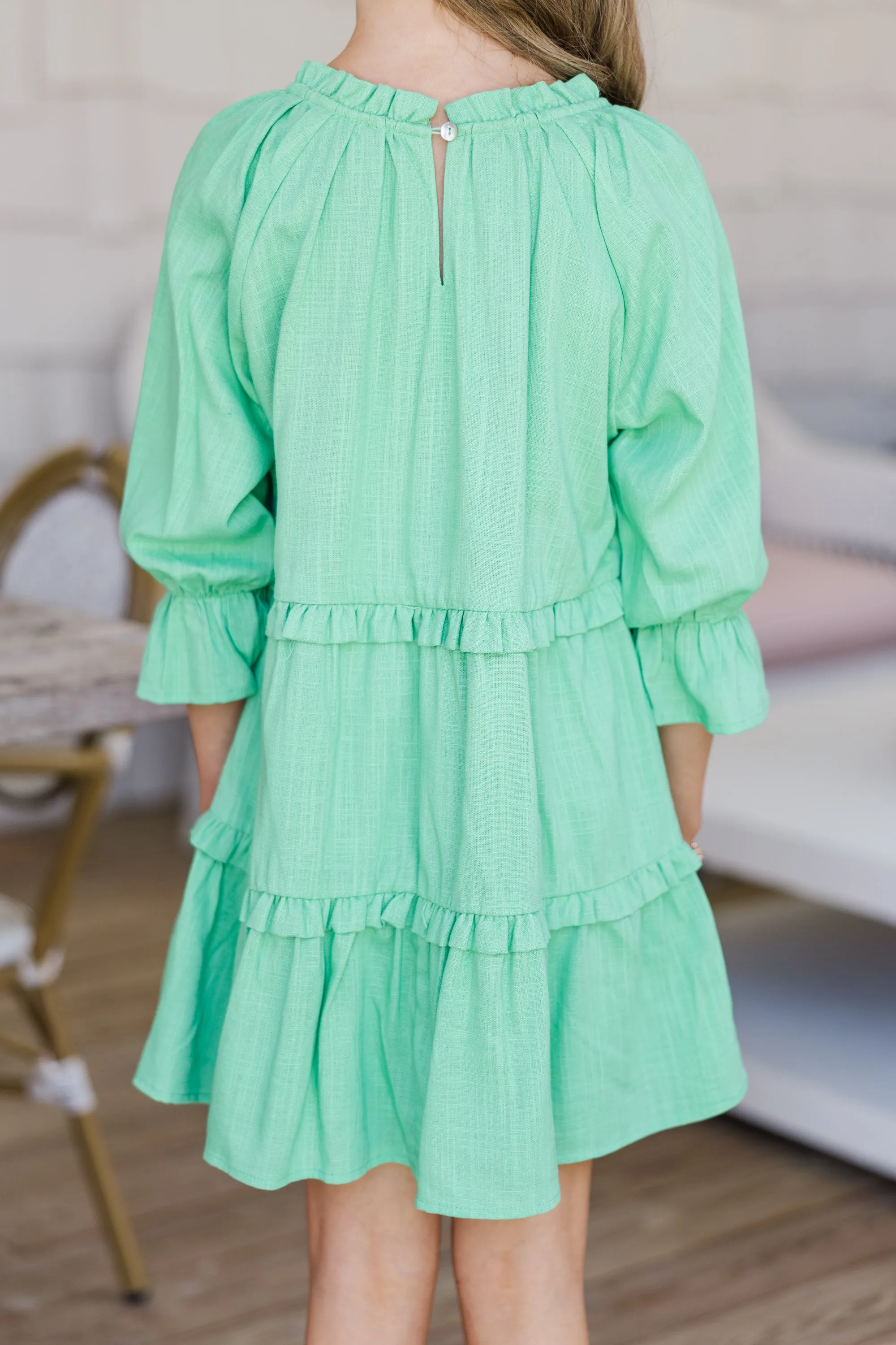 Girls: Always In The Lead Green Linen Dress