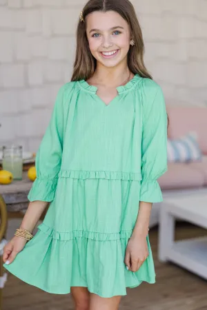 Girls: Always In The Lead Green Linen Dress