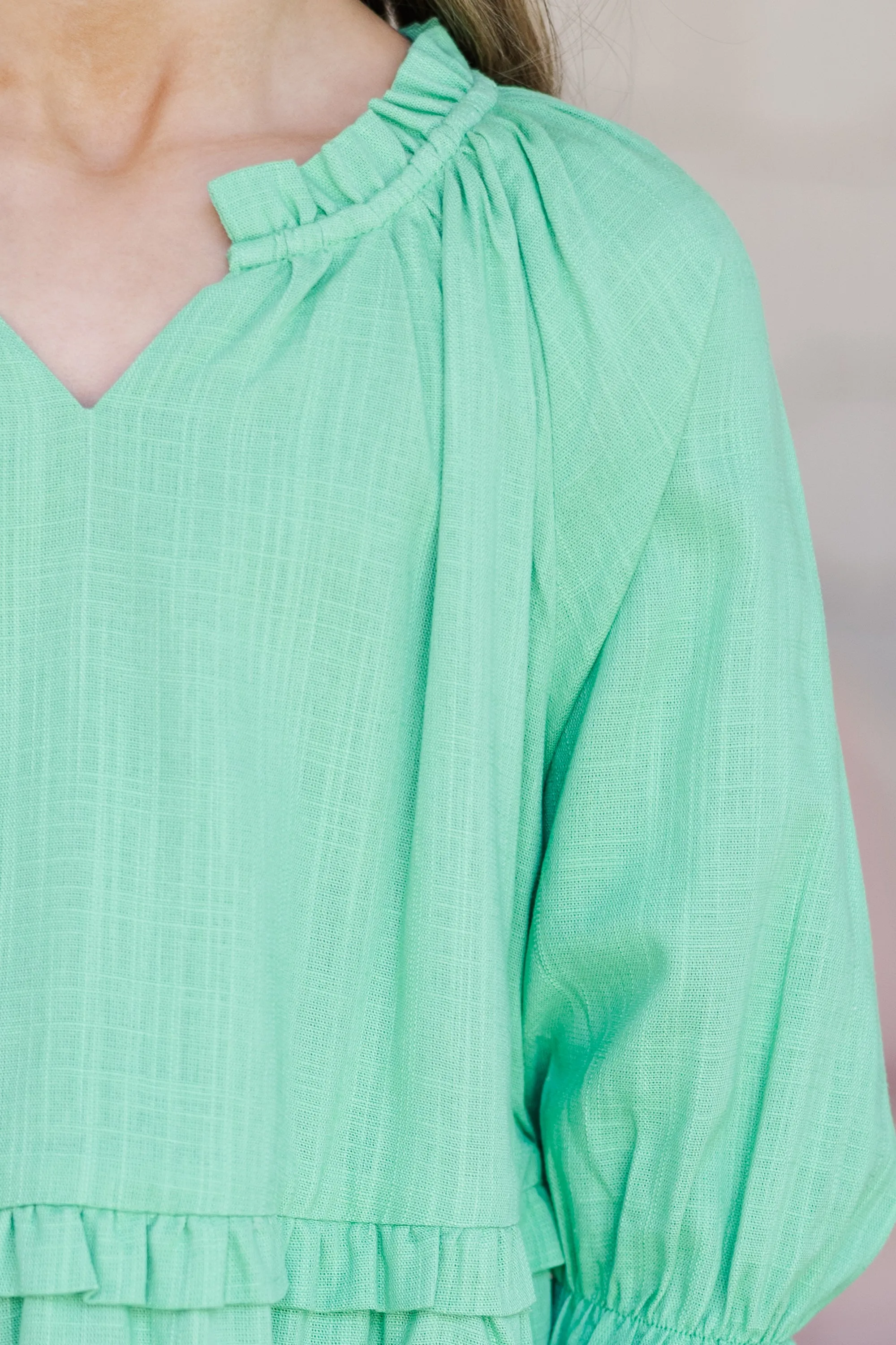Girls: Always In The Lead Green Linen Dress