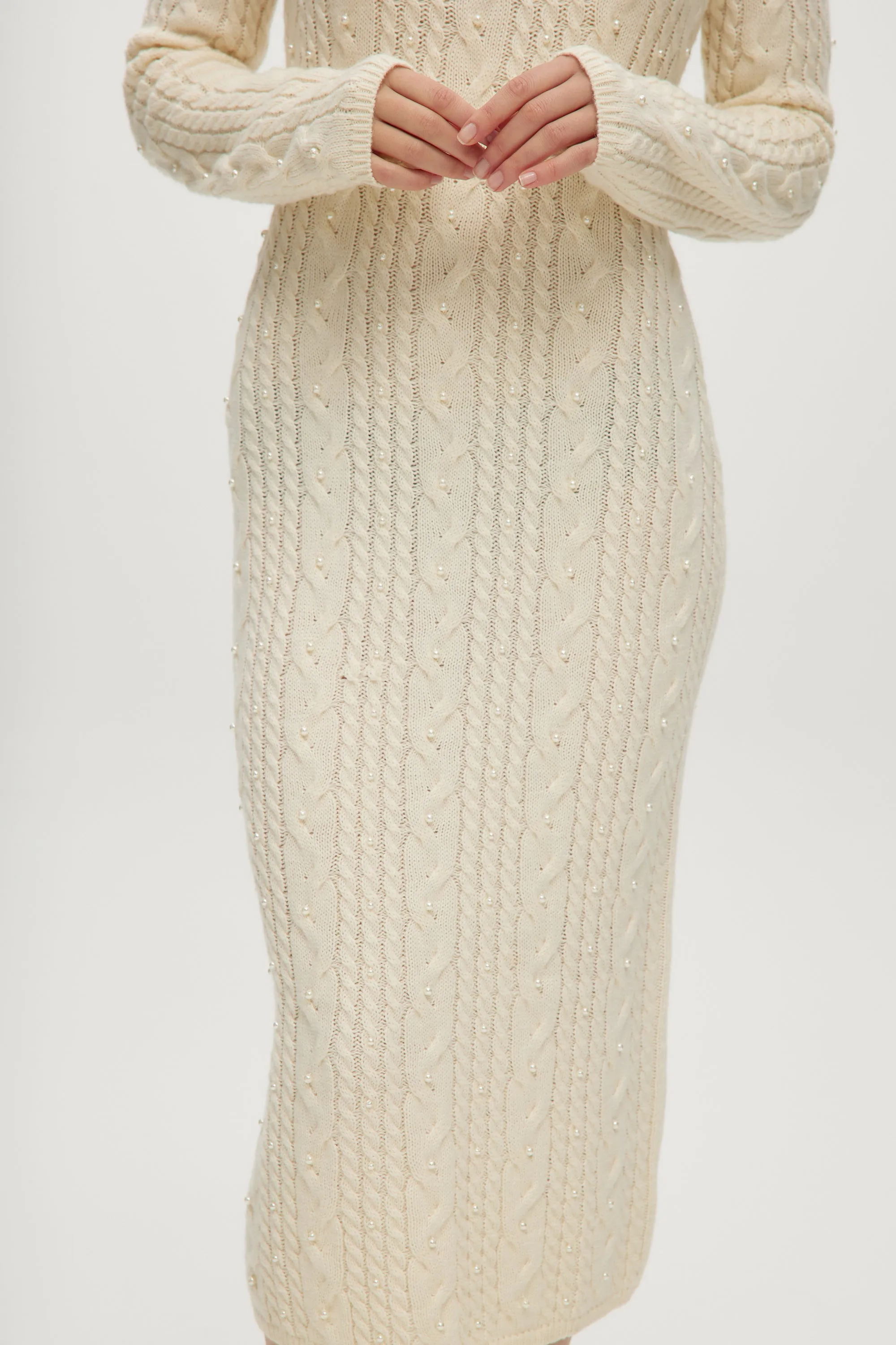 IVORY CABLE KNIT SWEATER DRESS WITH PEARL DETAILS