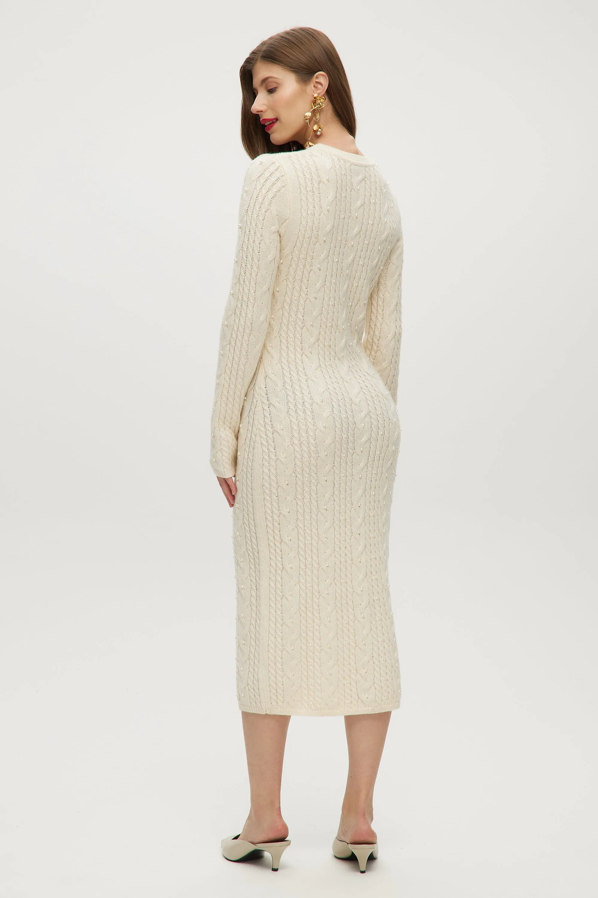 IVORY CABLE KNIT SWEATER DRESS WITH PEARL DETAILS