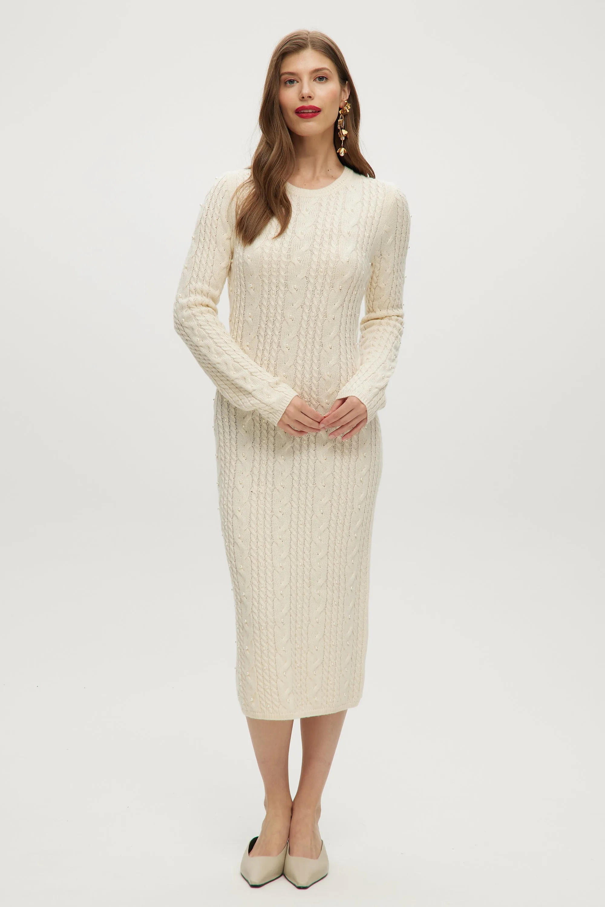 IVORY CABLE KNIT SWEATER DRESS WITH PEARL DETAILS