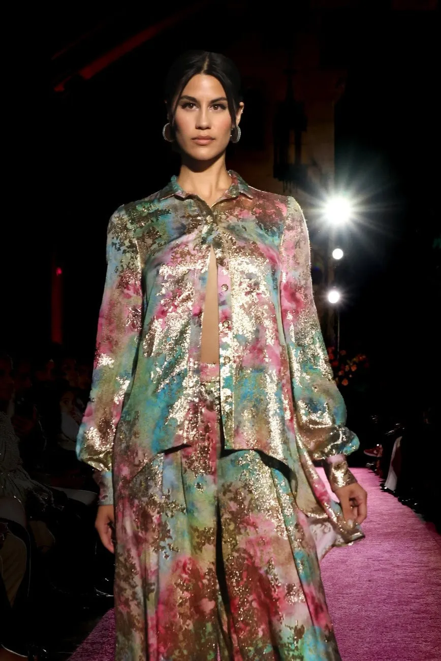KEERTHI Green and Pink Button-Up Top