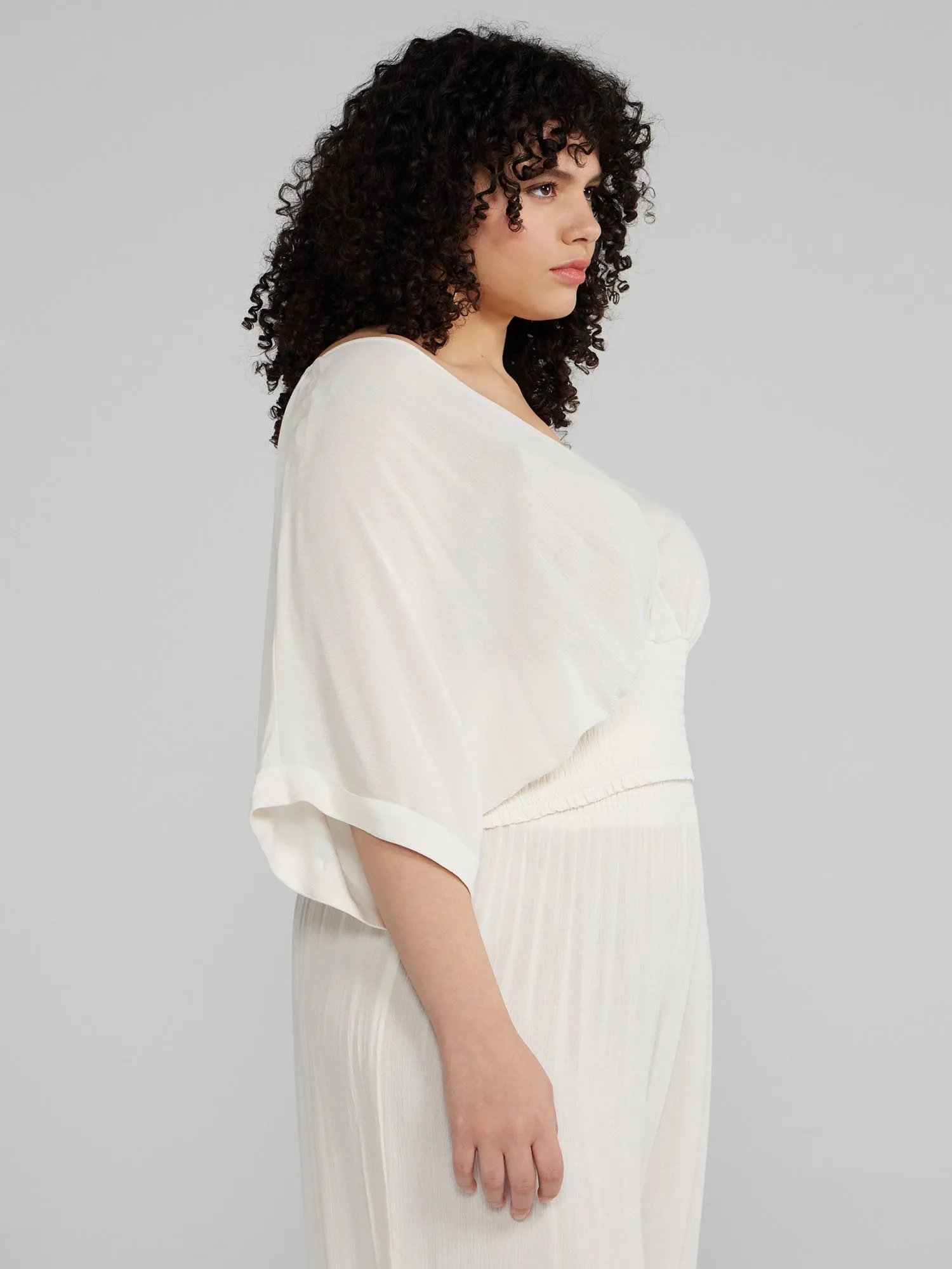 Kimono Style Smocked Hem Cropped Top