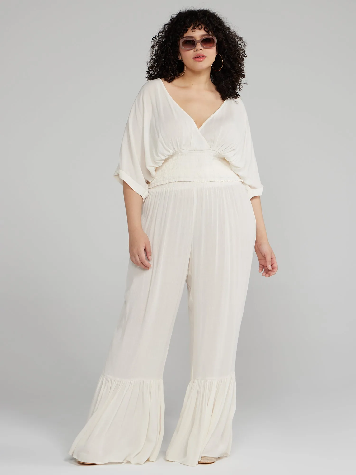 Kimono Style Smocked Hem Cropped Top