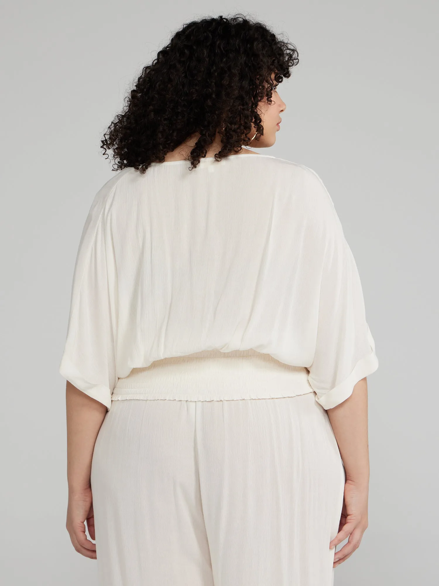 Kimono Style Smocked Hem Cropped Top