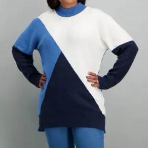 Ladies Colorblock Turtle Neck Pullover - Blue/White