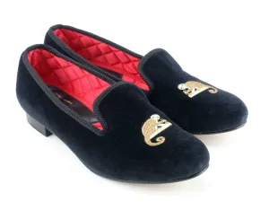 Ladies Monkey Motif Black Velvet Slipper - UK 8