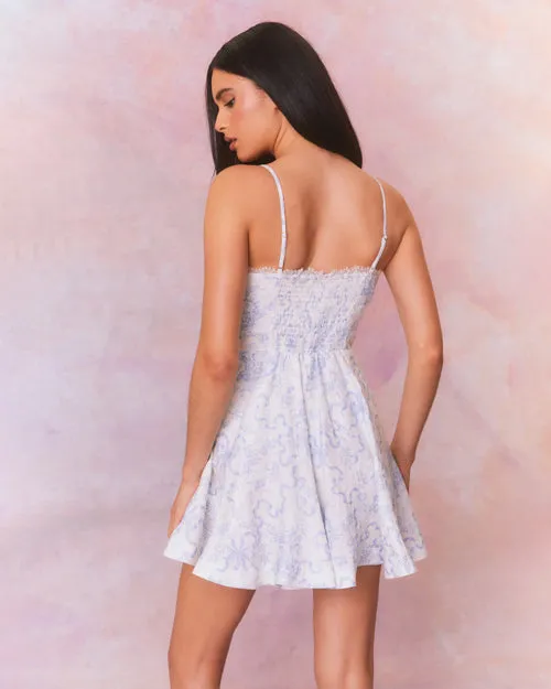 LoveShackFancy | Shia Linen Bow Print Mini Dress | Blissful Blue