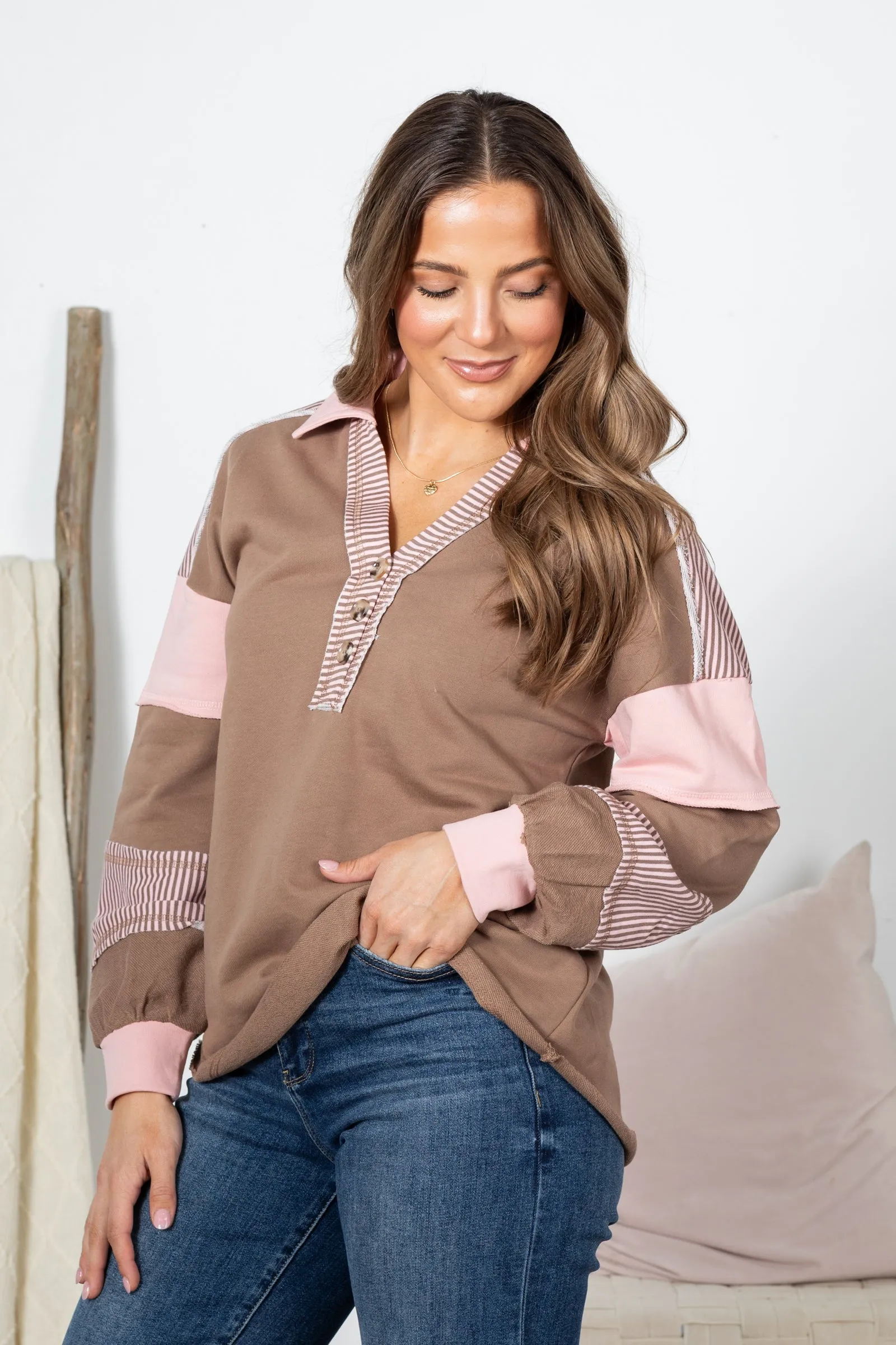 Mocha Colorblock Casual Long Sleeve Knit Top