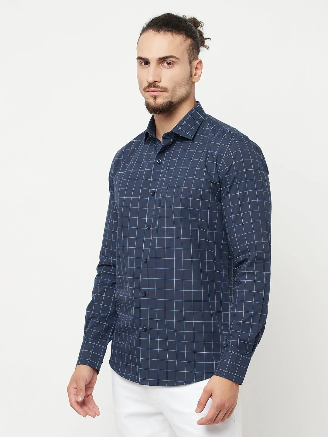 Navy Blue Checked Casual Shirt