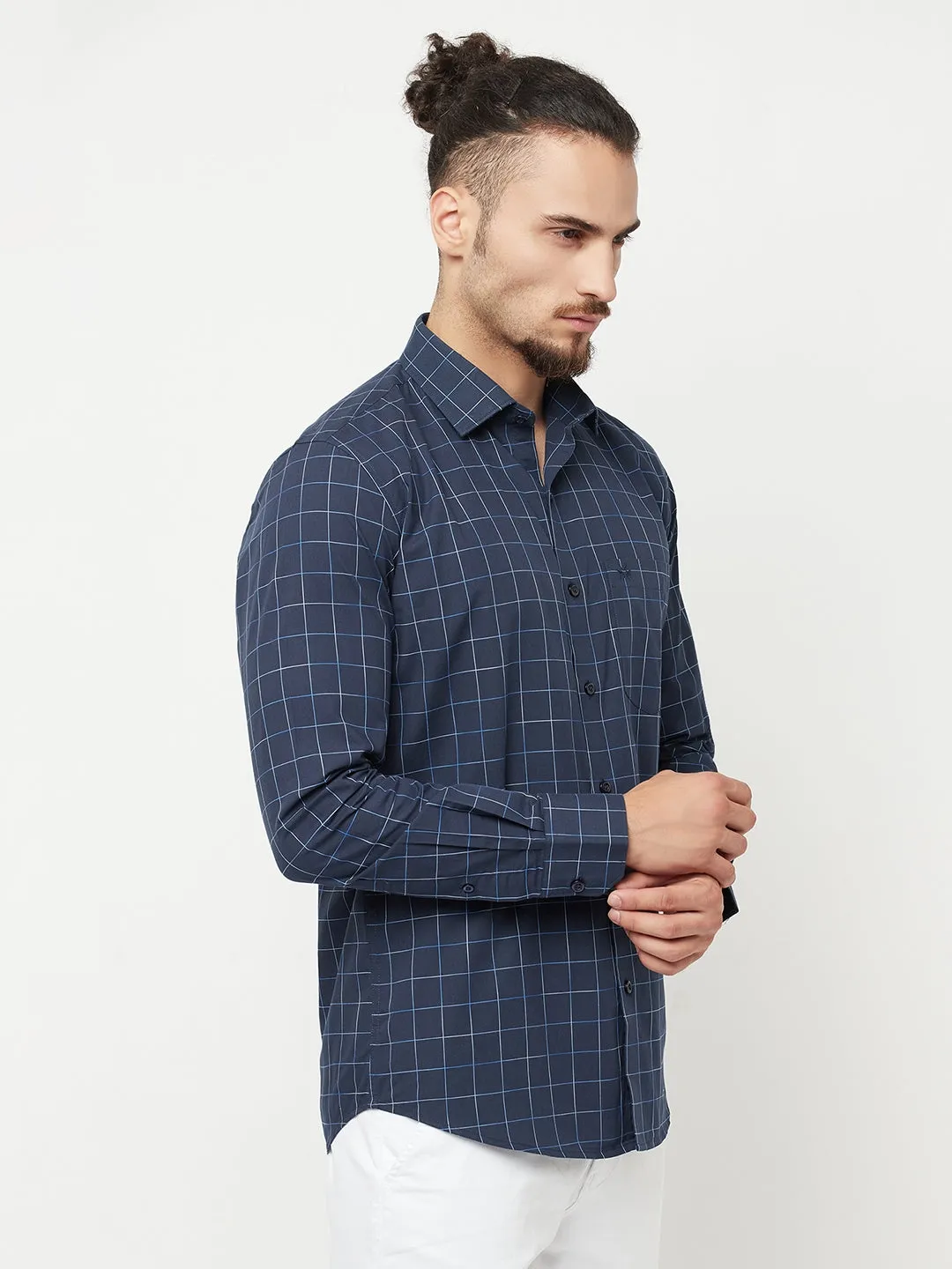 Navy Blue Checked Casual Shirt