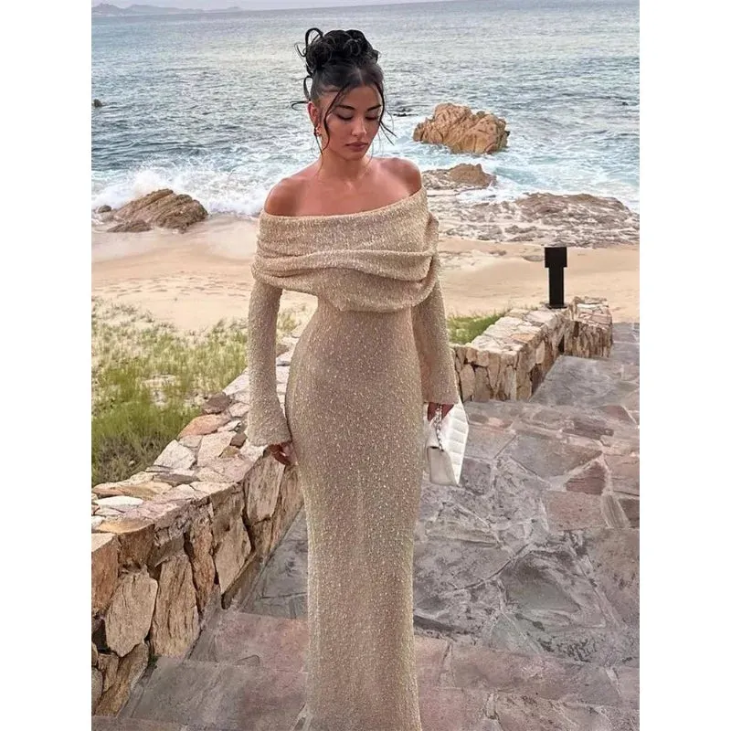 Off-Shoulder Knit Maxi Long Dress – Hollow-Out See-Through Cover-Up for Beach, Holiday, & Party Glam