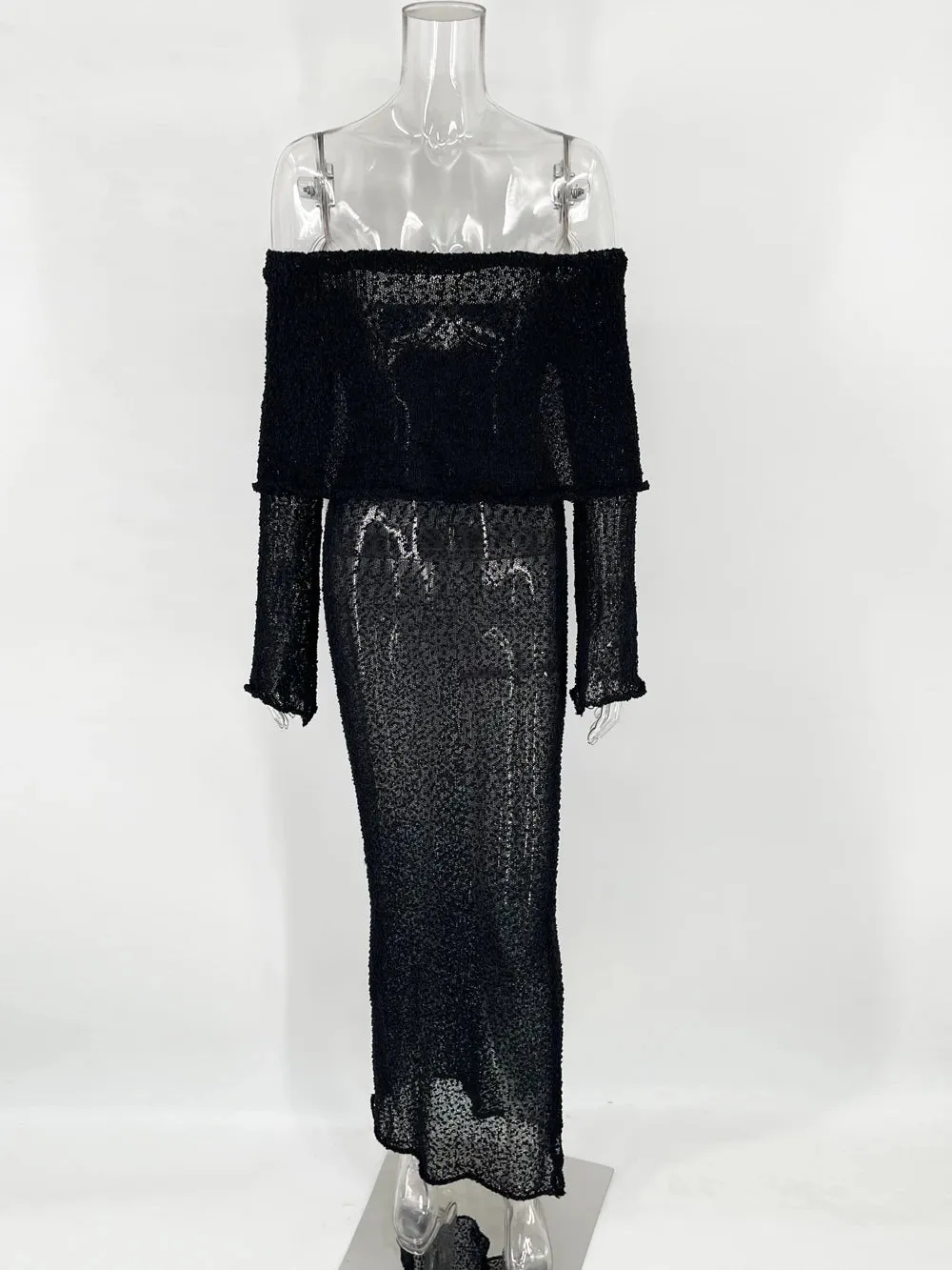 Off-Shoulder Knit Maxi Long Dress – Hollow-Out See-Through Cover-Up for Beach, Holiday, & Party Glam