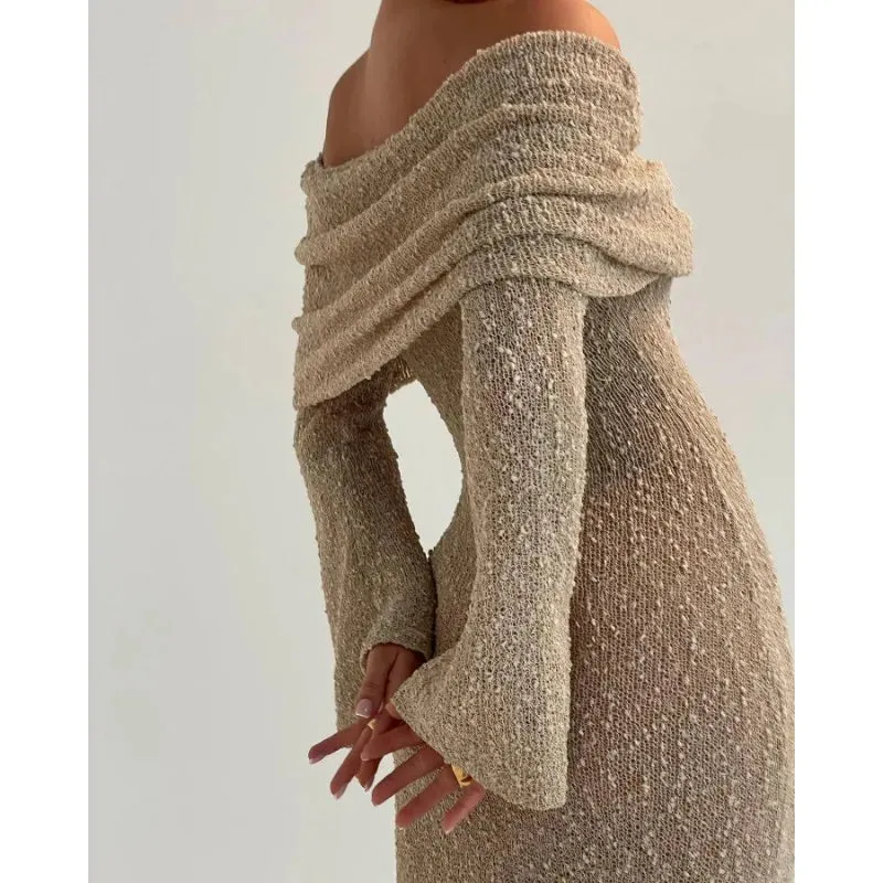 Off-Shoulder Knit Maxi Long Dress – Hollow-Out See-Through Cover-Up for Beach, Holiday, & Party Glam