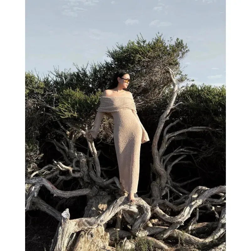 Off-Shoulder Knit Maxi Long Dress – Hollow-Out See-Through Cover-Up for Beach, Holiday, & Party Glam