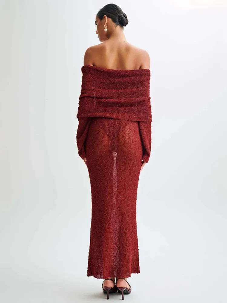 Off-Shoulder Knit Maxi Long Dress – Hollow-Out See-Through Cover-Up for Beach, Holiday, & Party Glam