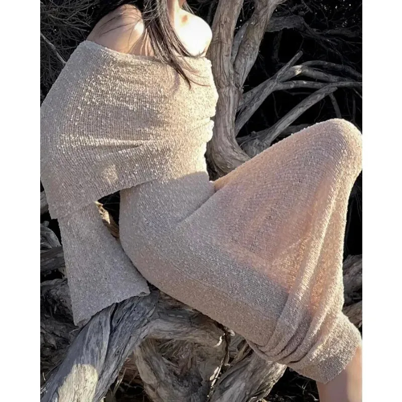 Off-Shoulder Knit Maxi Long Dress – Hollow-Out See-Through Cover-Up for Beach, Holiday, & Party Glam
