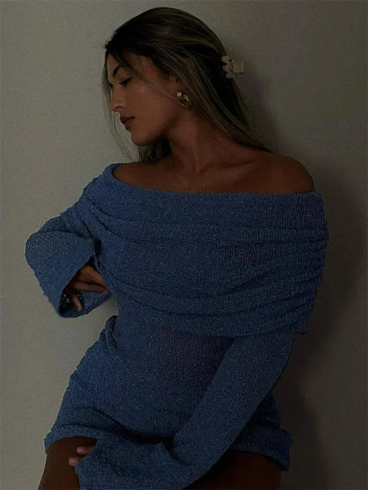 Off-Shoulder Knit Maxi Long Dress – Hollow-Out See-Through Cover-Up for Beach, Holiday, & Party Glam