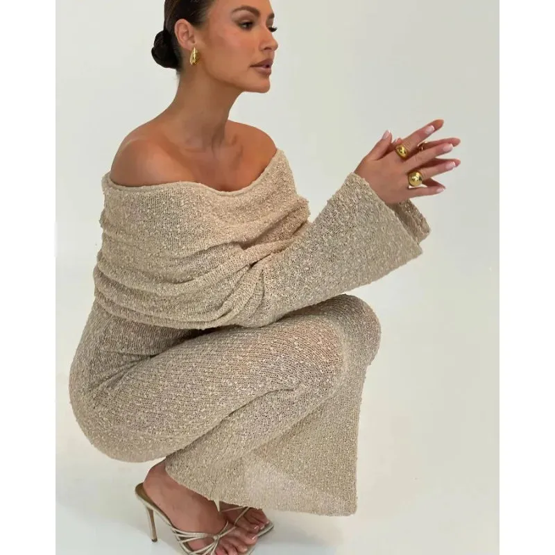 Off-Shoulder Knit Maxi Long Dress – Hollow-Out See-Through Cover-Up for Beach, Holiday, & Party Glam
