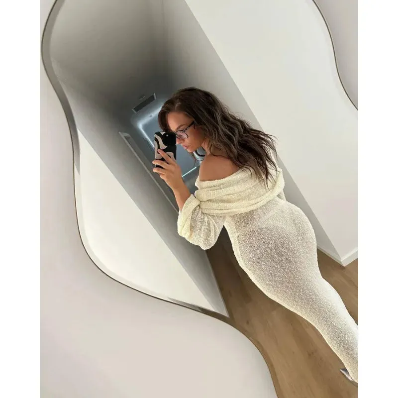Off-Shoulder Knit Maxi Long Dress – Hollow-Out See-Through Cover-Up for Beach, Holiday, & Party Glam