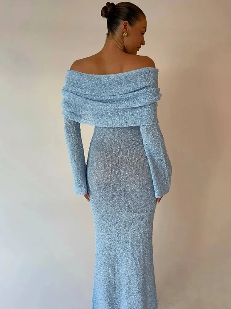 Off-Shoulder Knit Maxi Long Dress – Hollow-Out See-Through Cover-Up for Beach, Holiday, & Party Glam