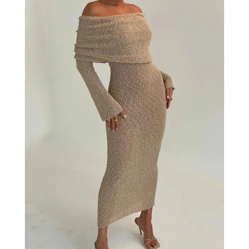 Off-Shoulder Knit Maxi Long Dress – Hollow-Out See-Through Cover-Up for Beach, Holiday, & Party Glam