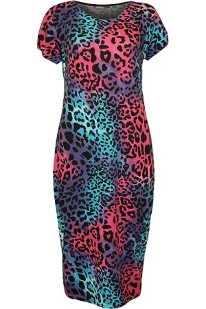 Plus Size Short Sleeve Turquoise Animal Print Midi Dress