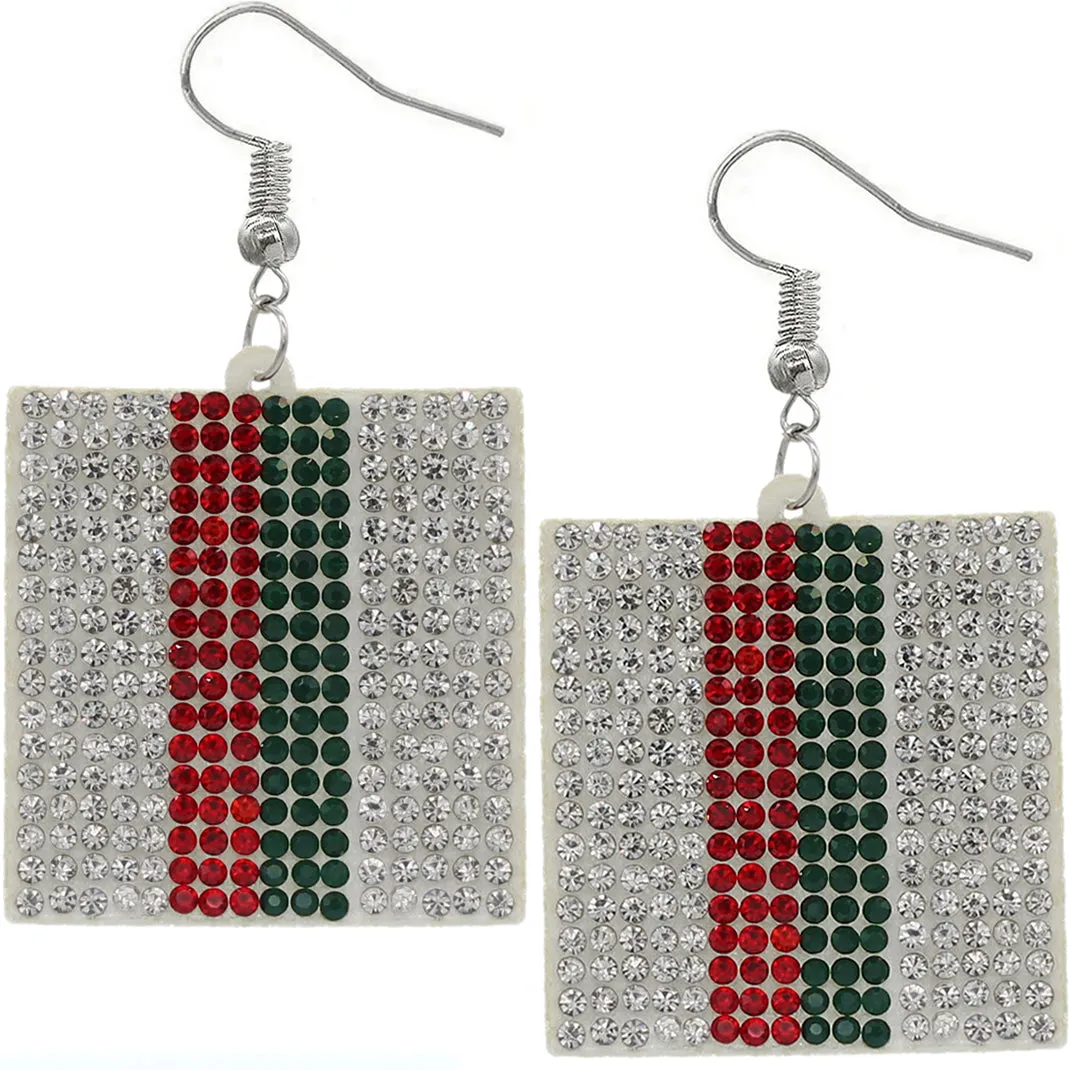Red Green Vertical Striped Rhinestone Felt Earrings