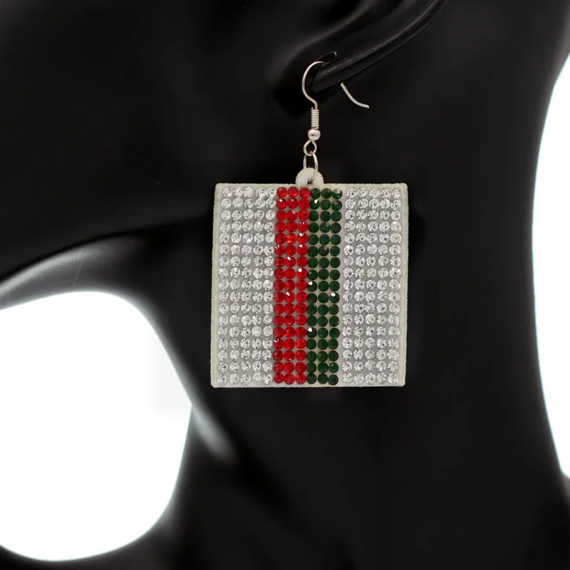 Red Green Vertical Striped Rhinestone Felt Earrings