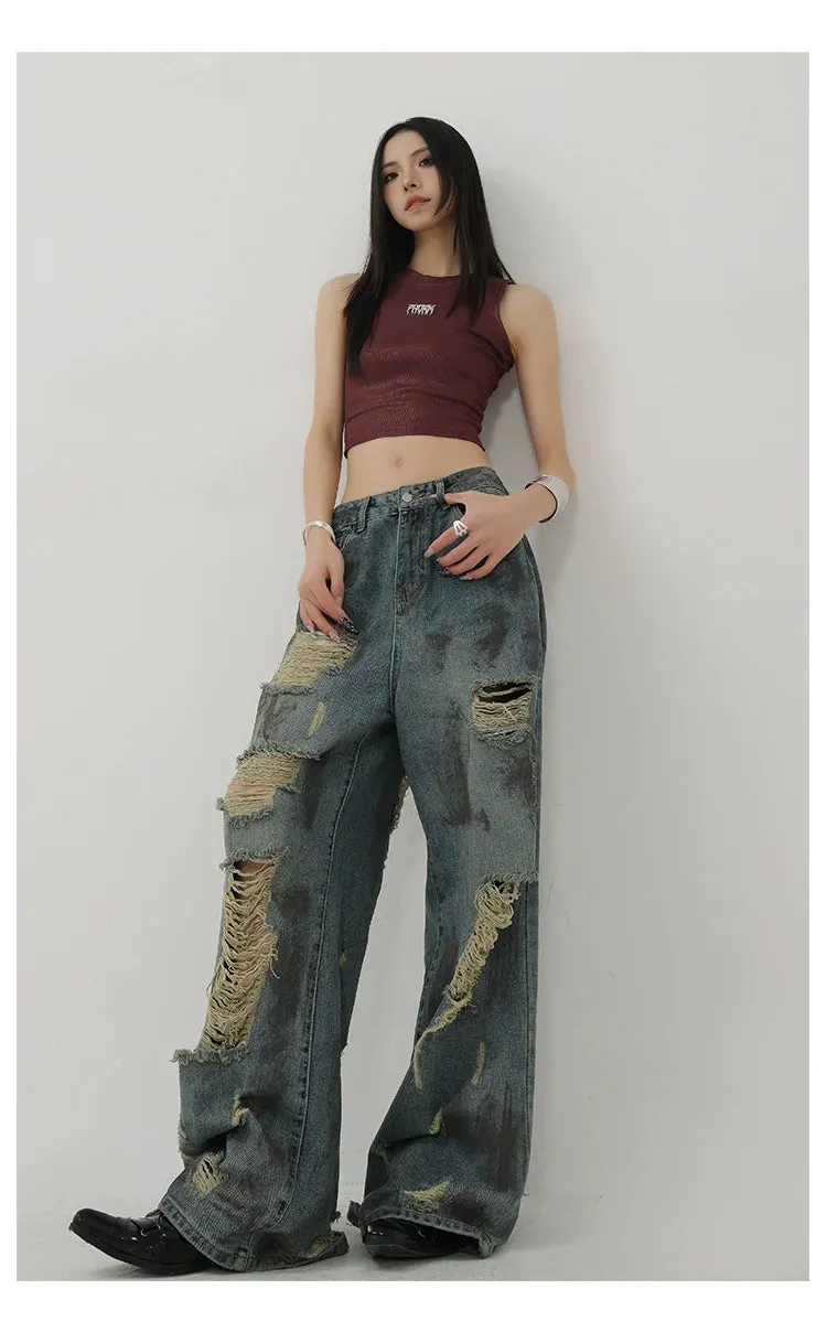 Retro Tie-Dye Distressed Wide-Leg Jeans With Washed Effect And Draping Fit