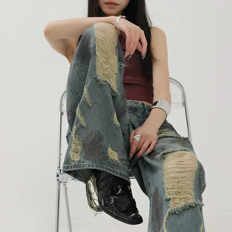 Retro Tie-Dye Distressed Wide-Leg Jeans With Washed Effect And Draping Fit